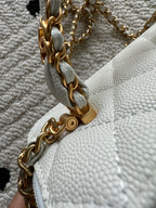 Gold-tone chain strap with clasp detail on a white quilted mini handbag