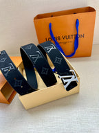 Louis Vuitton navy monogram belt with gold-tone buckle, two straps laid side by side