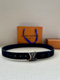 Louis Vuitton monogram belt with navy strap and gold-tone LV buckle