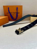 Louis Vuitton navy monogram belt with gold-tone buckle and patterned strap