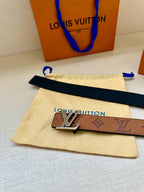 Louis Vuitton belt on dust bag: brown monogram strap with gold-tone LV buckle