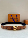 Louis Vuitton monogram belt, tan with gold-tone buckle and dark blue leather lining