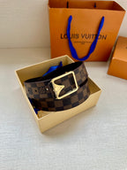 Damier check canvas belt with dark strap and silver-toned rectangular buckle