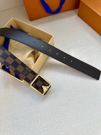 Black leather belt strap with button holes and Damier check buckle centerpiece