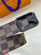 Damier check canvas belt with dark leather strap and silver-toned buckle