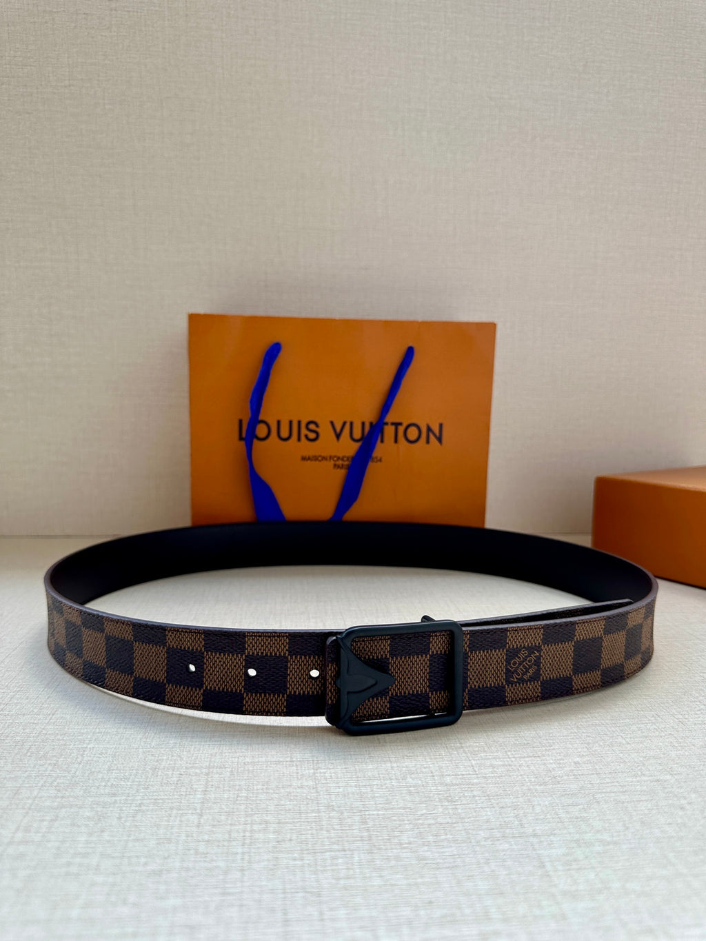 Damier check canvas belt with dark leather strap and silver-toned buckle