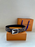 Damier check canvas belt with dark strap and silver-toned square buckle