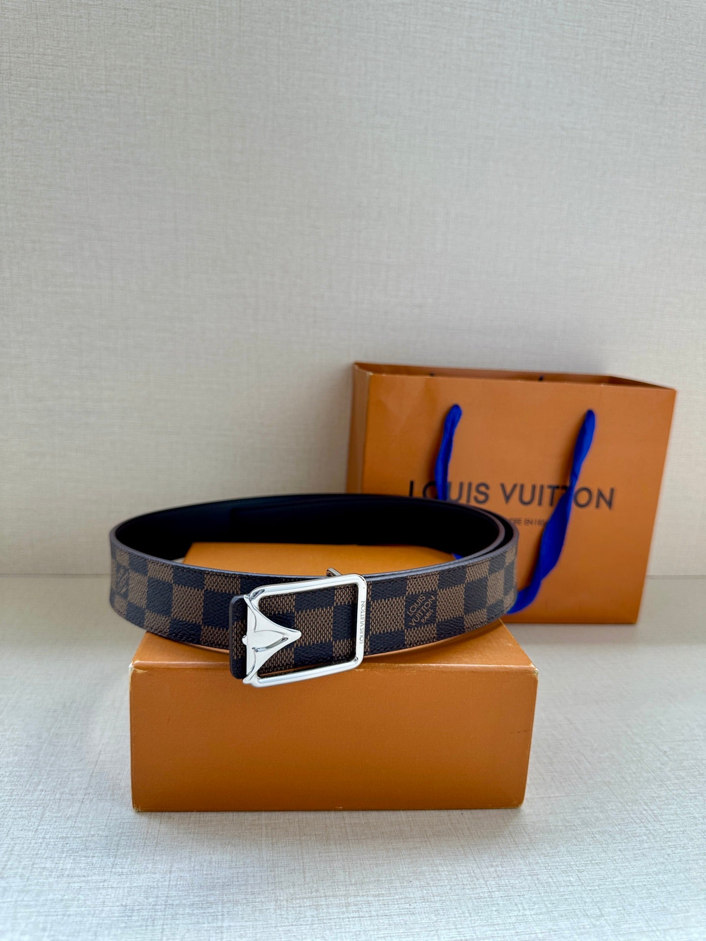 Damier check canvas belt with dark strap and silver-toned square buckle