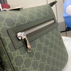 Crossbody bag close-up of front flap pocket with silver zipper and GG-style monogram