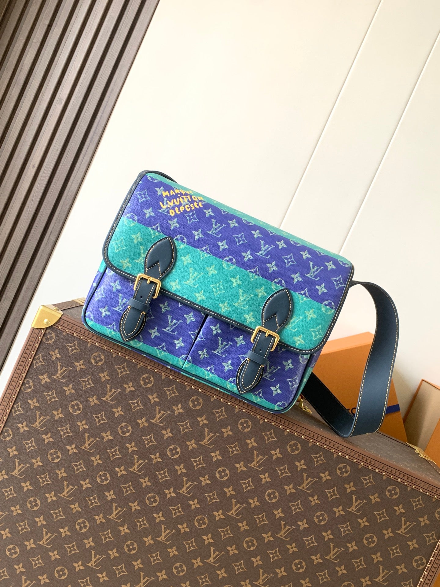 Louis Vuitton men's crossbody bag with multicolor monogram canvas and blue trim