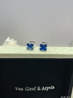 Clover enamel stud earrings with blue enamel and silver-tone settings