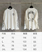 White long-sleeve graphic T-shirt shown front and back on hangers