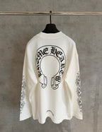 White long-sleeve T-shirt with large back circular headphones graphic and sleeve prints