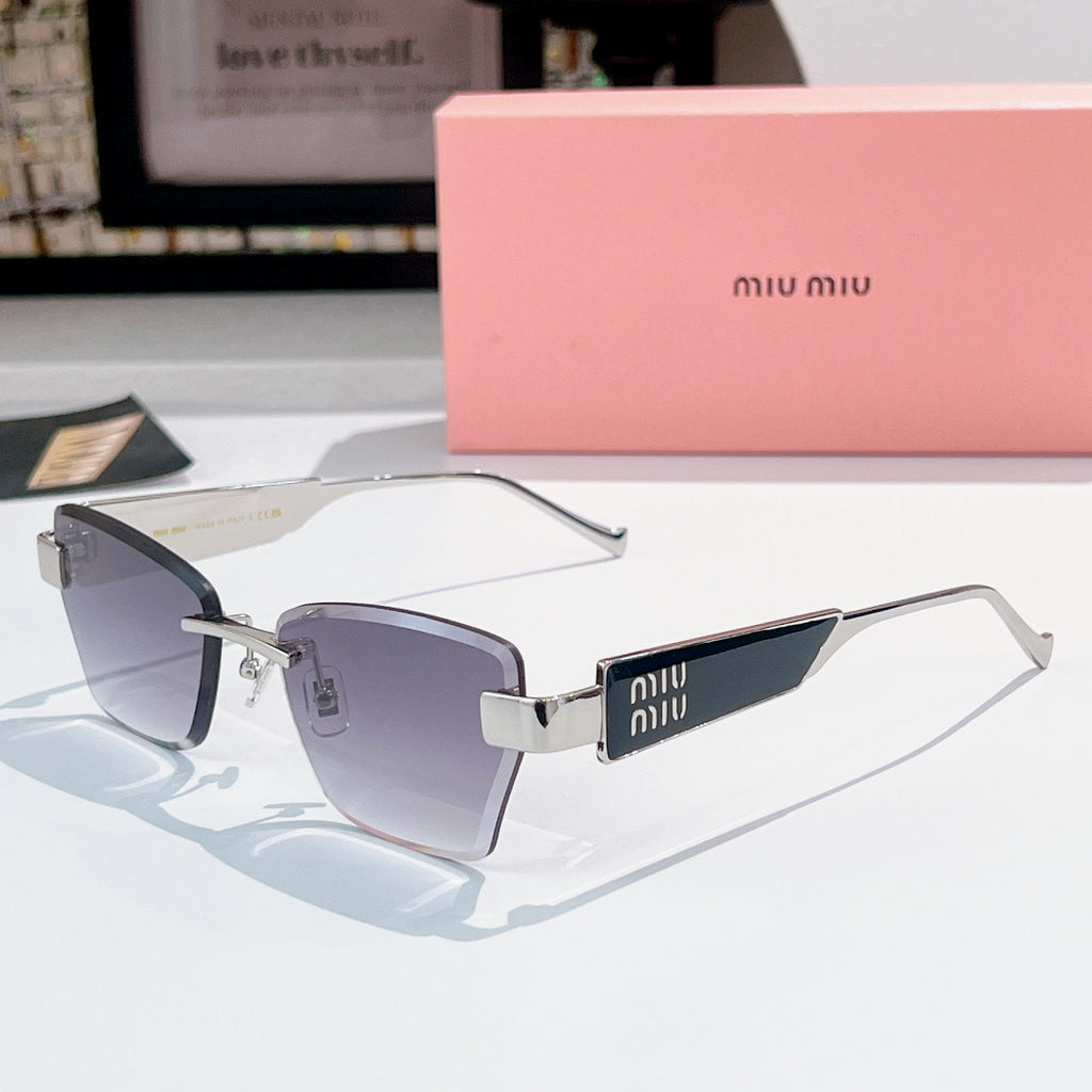Glasses with silver-tone square frames and dark gray tinted lenses, with miu miu logo temple