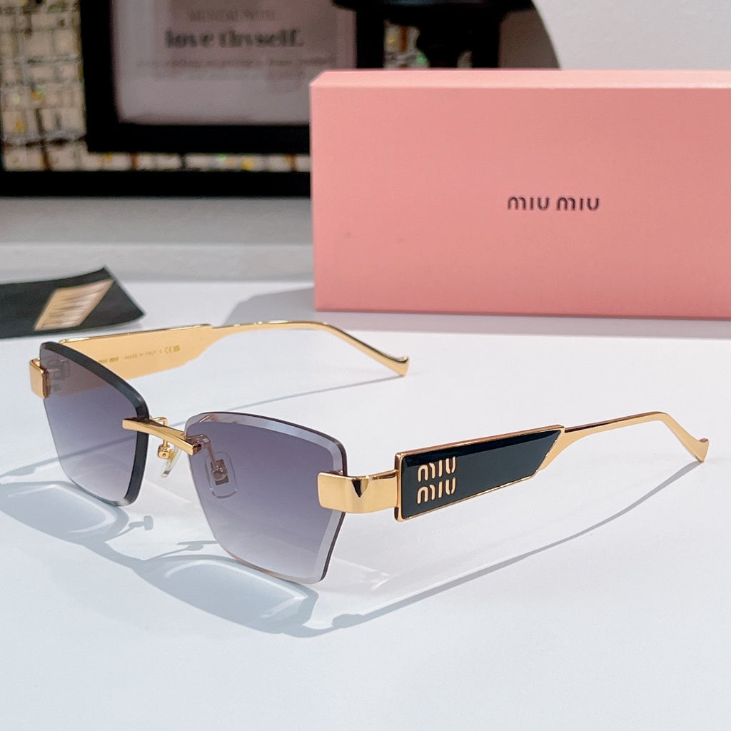 Glasses with gold-tone square frames and dark purple tinted lenses, with miu miu logo temple
