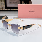 Glasses with gold-tone square frames and dark purple tinted lenses, with miu miu logo temple