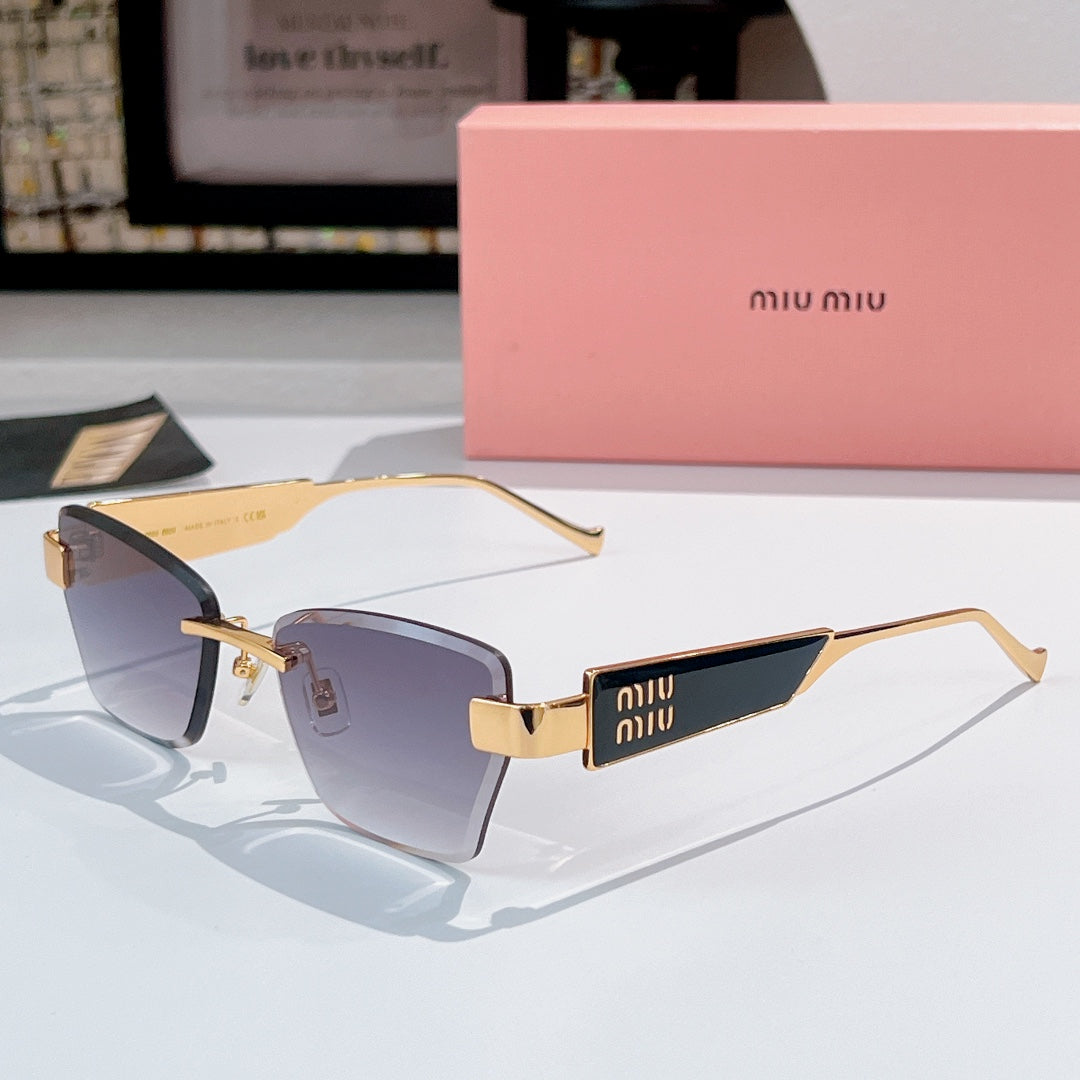 Glasses with gold-tone square frames and dark purple tinted lenses, with miu miu logo temple