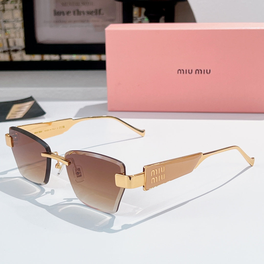 Glasses with gold-tone square frames and dark brown tinted lenses, with miu miu logo temple