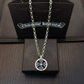 Round pendant necklace with blue center star on silver-tone chain