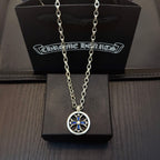 Round pendant necklace with blue center star on silver-tone chain