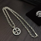 Round blue star pendant necklace with silver-tone link chain