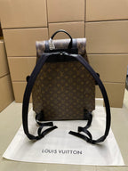 Louis Vuitton monogram backpack with top handle, open back view, and adjustable straps