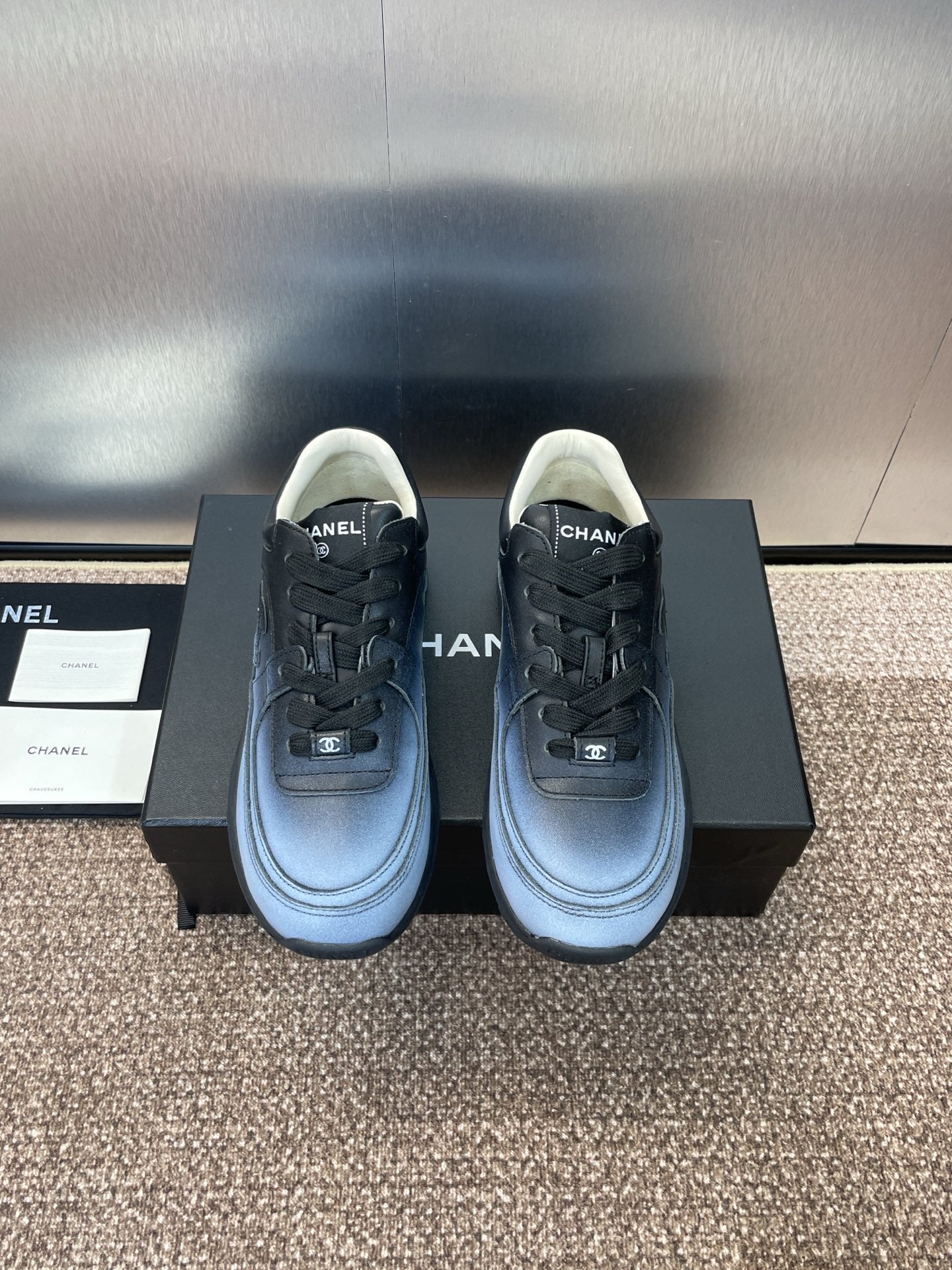 Unisex sneakers with Chanel CC logo, light blue leather and dark rubber sole