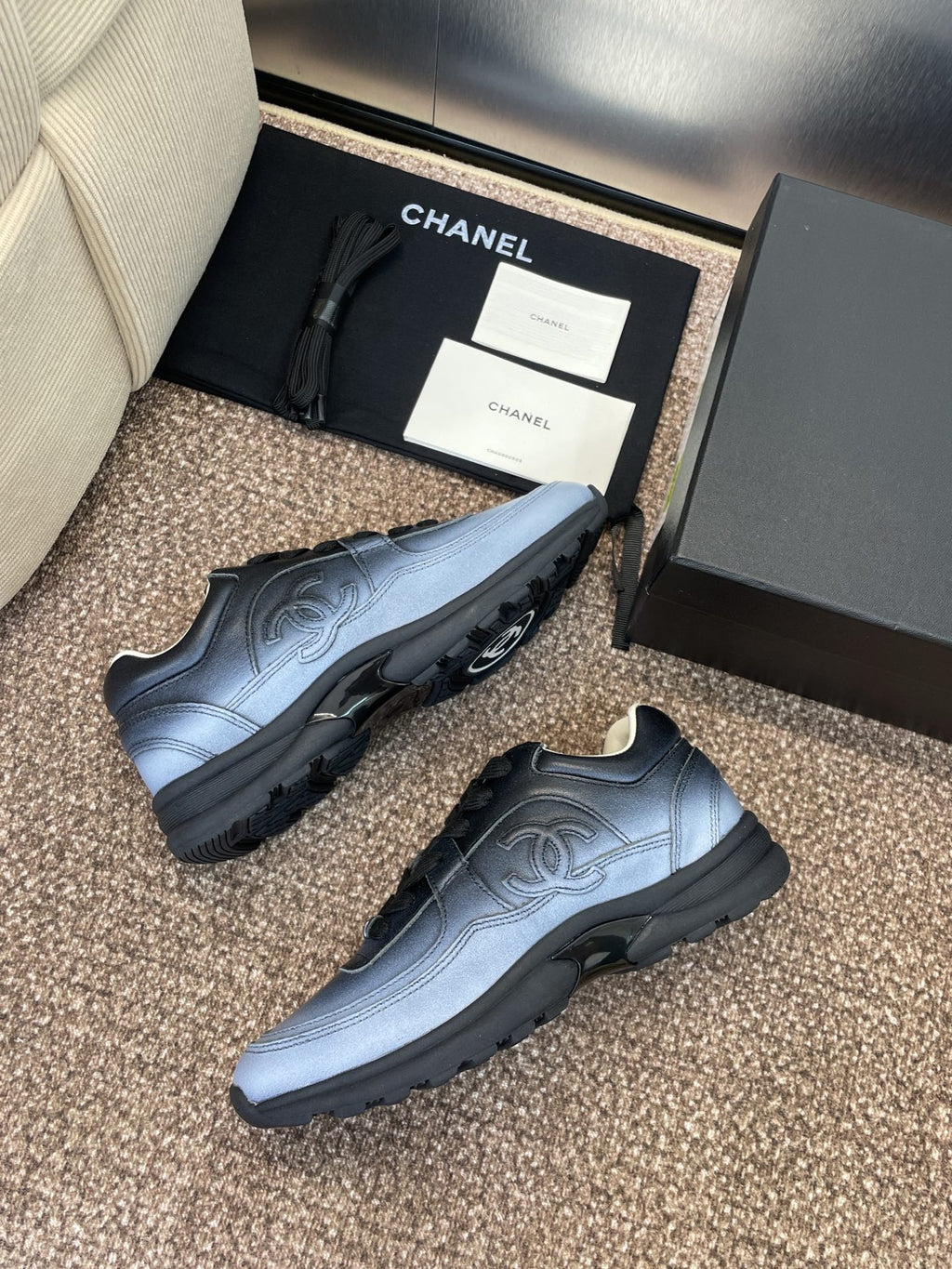 Unisex sneakers, light blue leather with Chanel CC logo and chunky dark sole