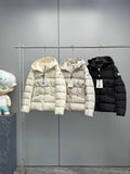 Hooded long puffer jacket in light, cream, and black colors with zip front