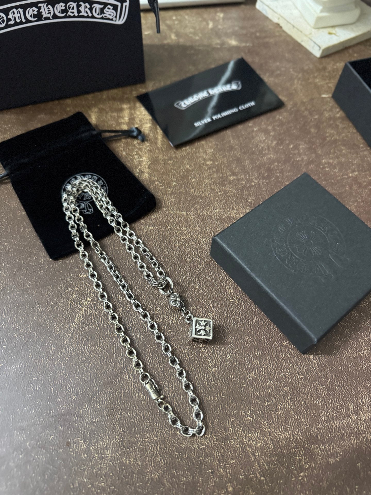Chrome Hearts pendant necklace with long link chain and small square cross charm