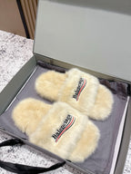 Faux fur slide sandals set in box, cream straps with Balenciaga logo