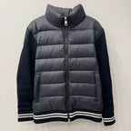 Long puffer jacket with full zip and ribbed striped hem, dark gray/black
