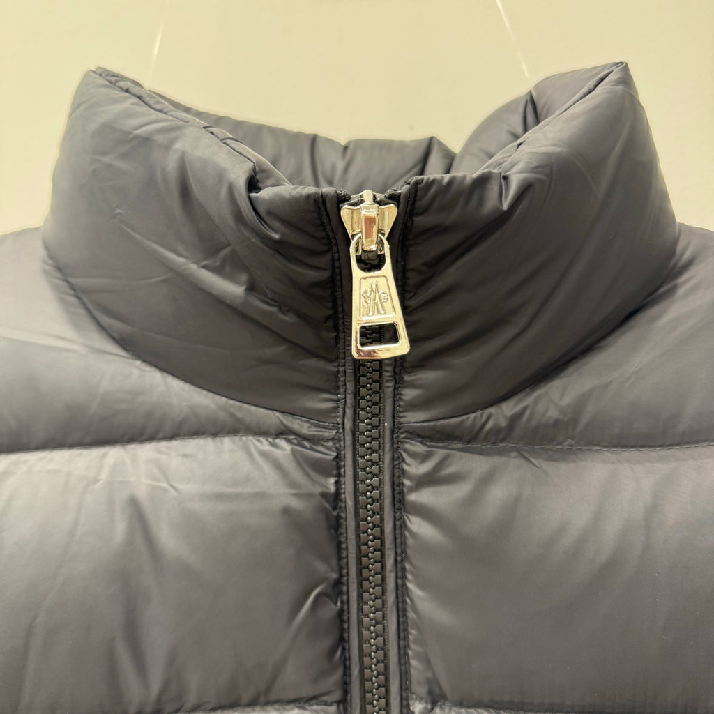Puffer jacket collar with gold-tone zip pull and quilted padding, dark gray