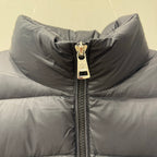 Puffer jacket collar with gold-tone zip pull and quilted padding, dark gray