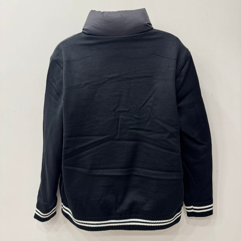 Long puffer jacket with high neck and ribbed striped hem, dark gray/black