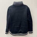 Long puffer jacket with high neck and ribbed striped hem, dark gray/black