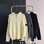 Cream cable-knit zip hoodie sweater with hood, ribbed cuffs and hem