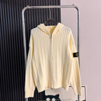 Cream cable-knit zip hoodie with hood and ribbed cuffs and hem