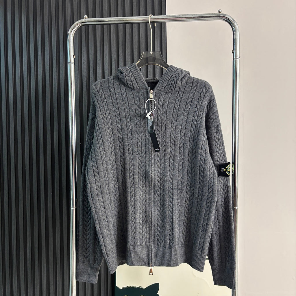 Charcoal gray cable-knit zip hoodie with hood and ribbed cuffs and hem