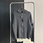 Charcoal gray cable-knit zip hoodie with hood and ribbed cuffs and hem