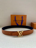 Louis Vuitton leather belt in tan with gold-tone LV buckle plaque