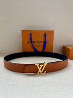Louis Vuitton leather belt in tan with gold-tone LV buckle plaque