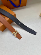 Louis Vuitton belt pair view: tan strap with LV buckle and dark strap with holes