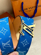 Blue monogram belt with gold and silver LV buckle and tan leather strap