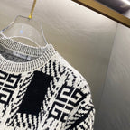 Givenchy knit sweater neckline and pattern, black-and-white geometric jacquard