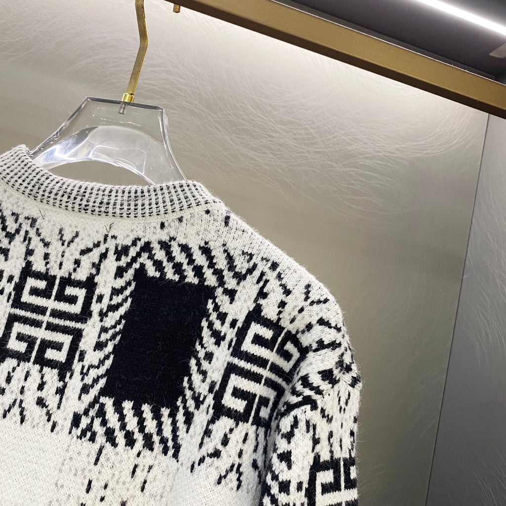 Givenchy knit sweater close-up, black-and-white geometric pattern panel