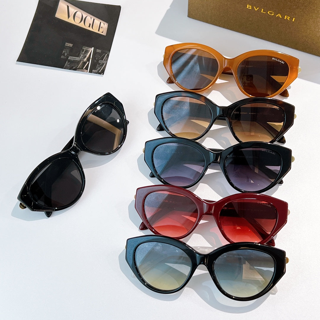 Collection of Bvlgari sunglasses, assorted frames and tinted lenses on display