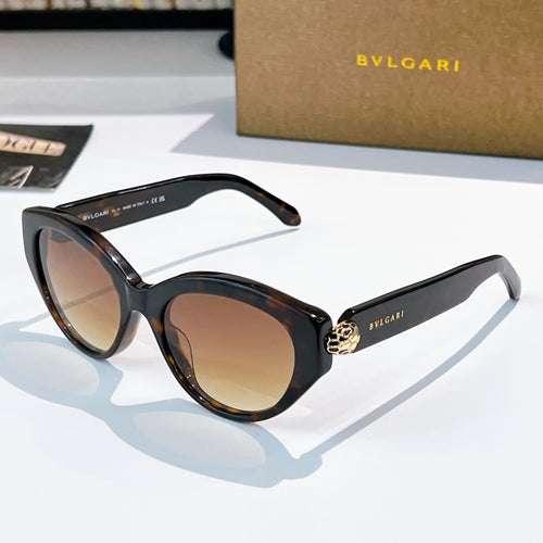 Bvlgari cat-eye sunglasses, black frames, brown lenses, gold emblem bridge