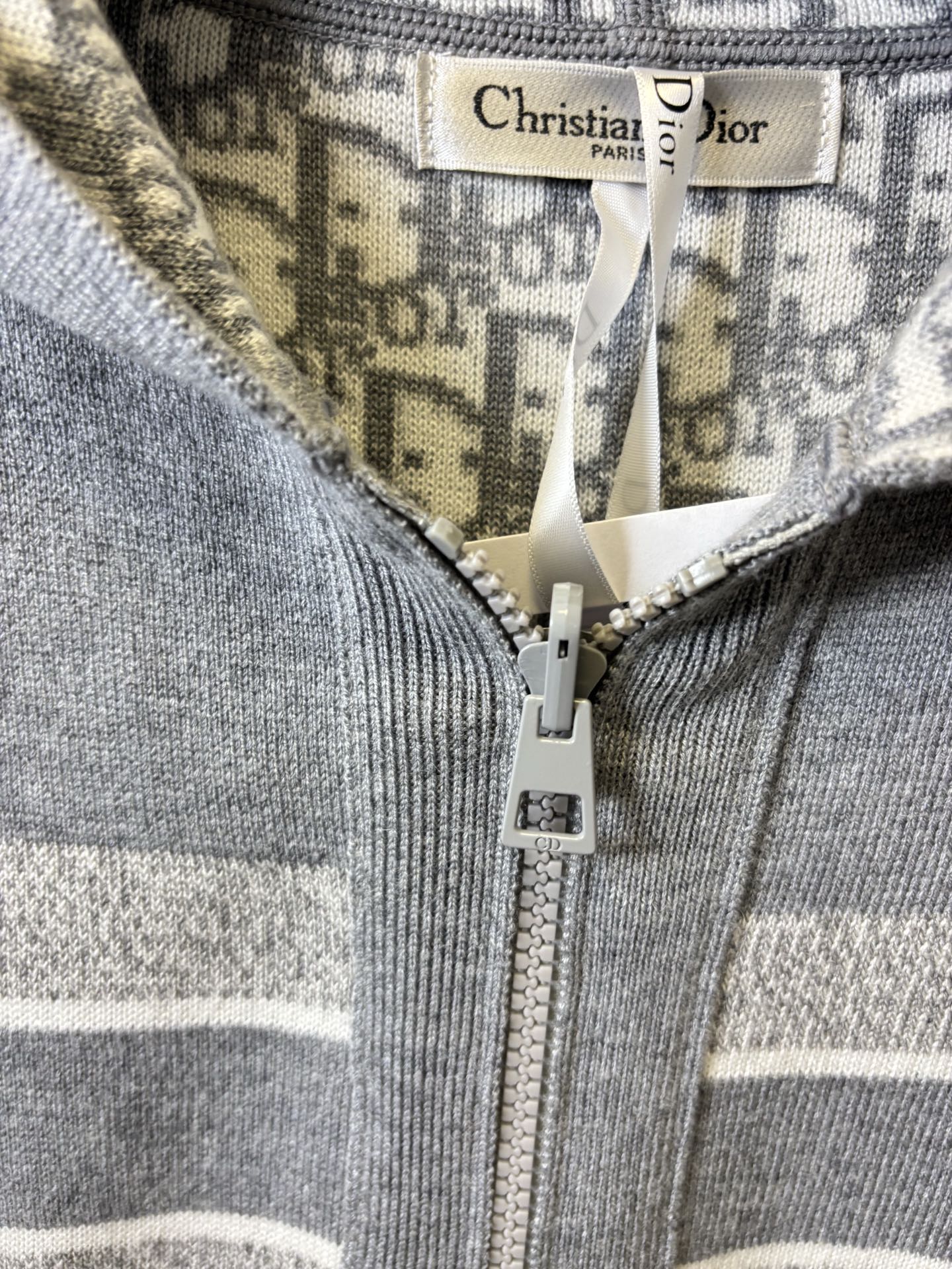 Dior grey knit zip-up top with contrast stripes and central zipper detail