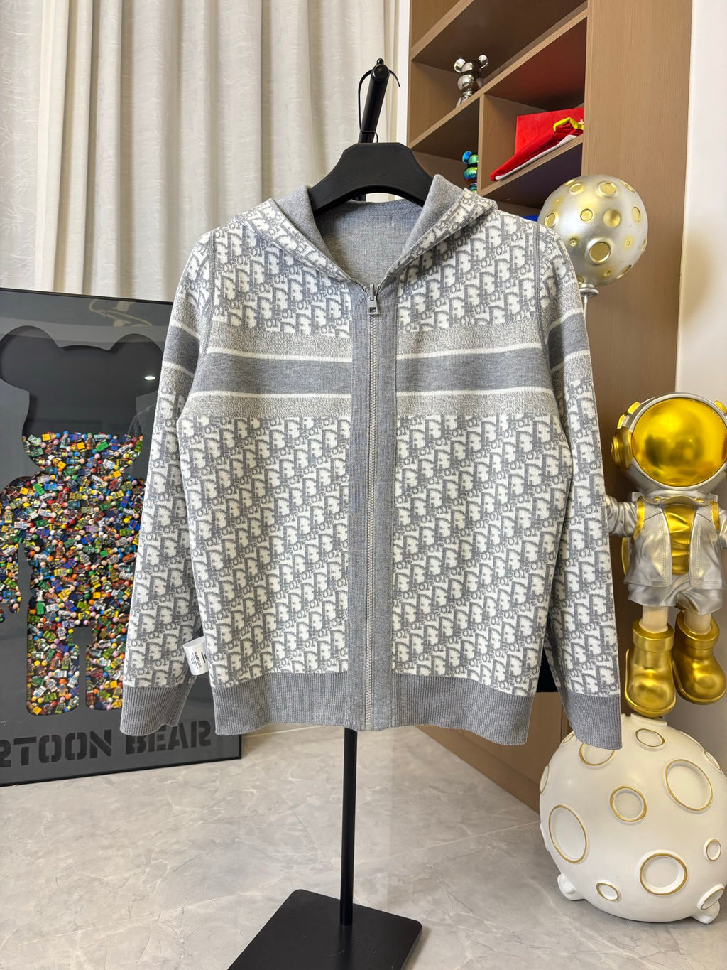 Gray Dior monogram zip-up hoodie with hood and allover logo print